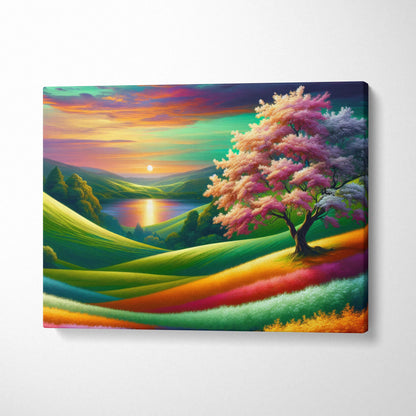 Solitary pink blossom tree on rainbow hills at sunset over lake canvas art