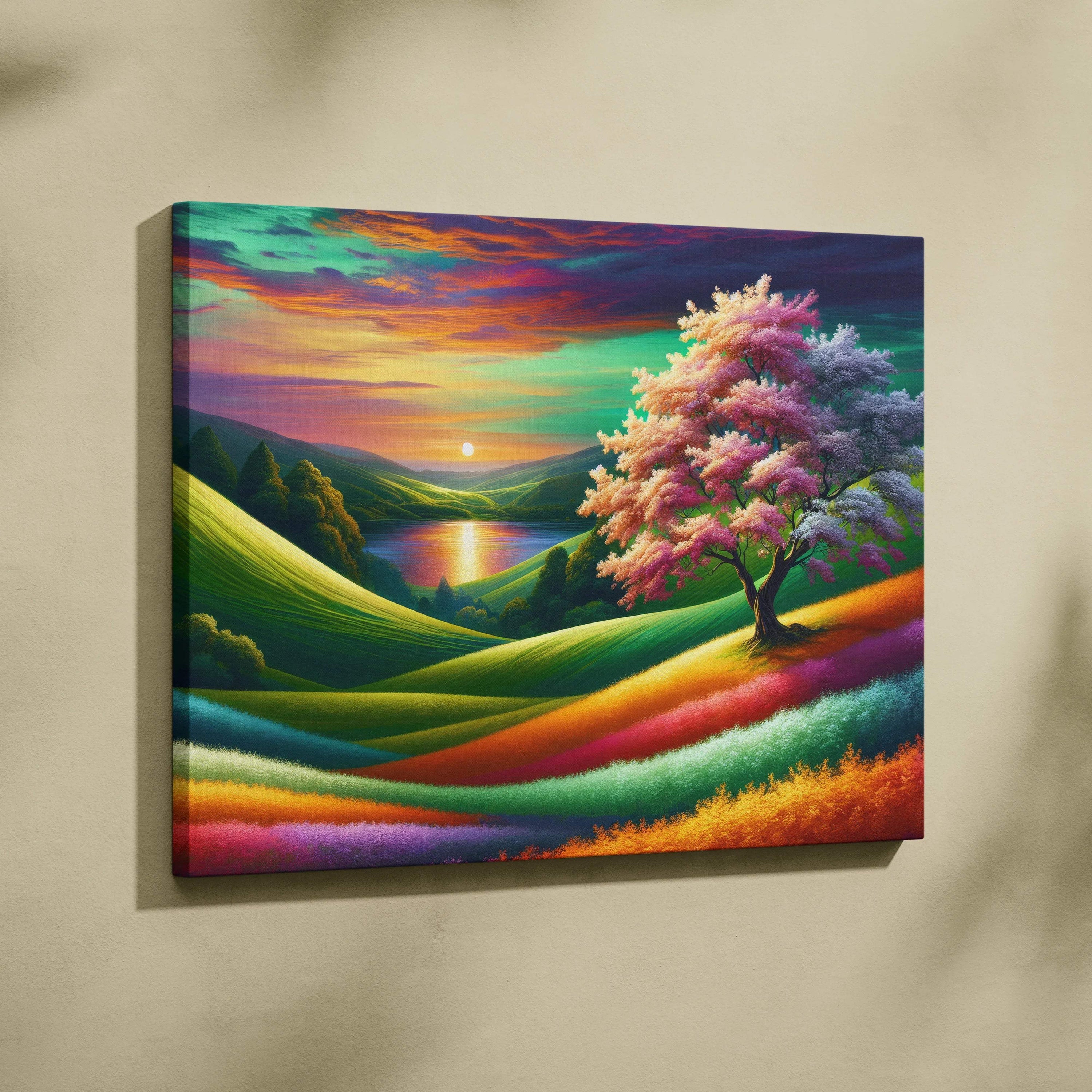 Solitary blossom tree amid rainbow hills at sunset over calm lake canvas art
