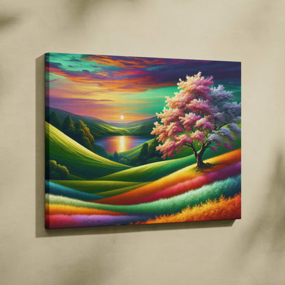 Solitary blossom tree amid rainbow hills at sunset over calm lake canvas art