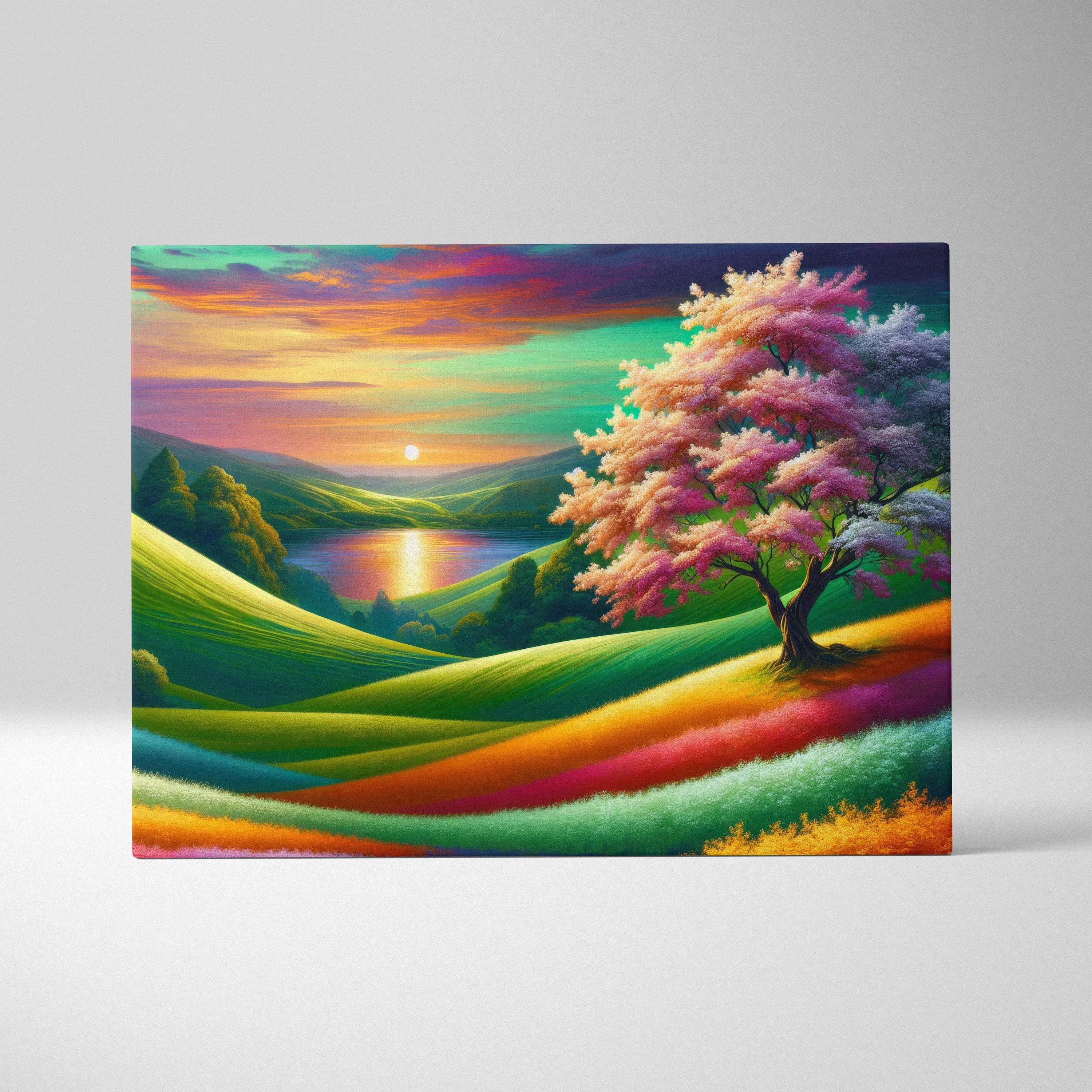 Solitary pink blossom tree amid rainbow hills, sunset over calm lake canvas art