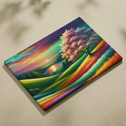 Vibrant rainbow tree over calm lake, hills at sunset canvas art