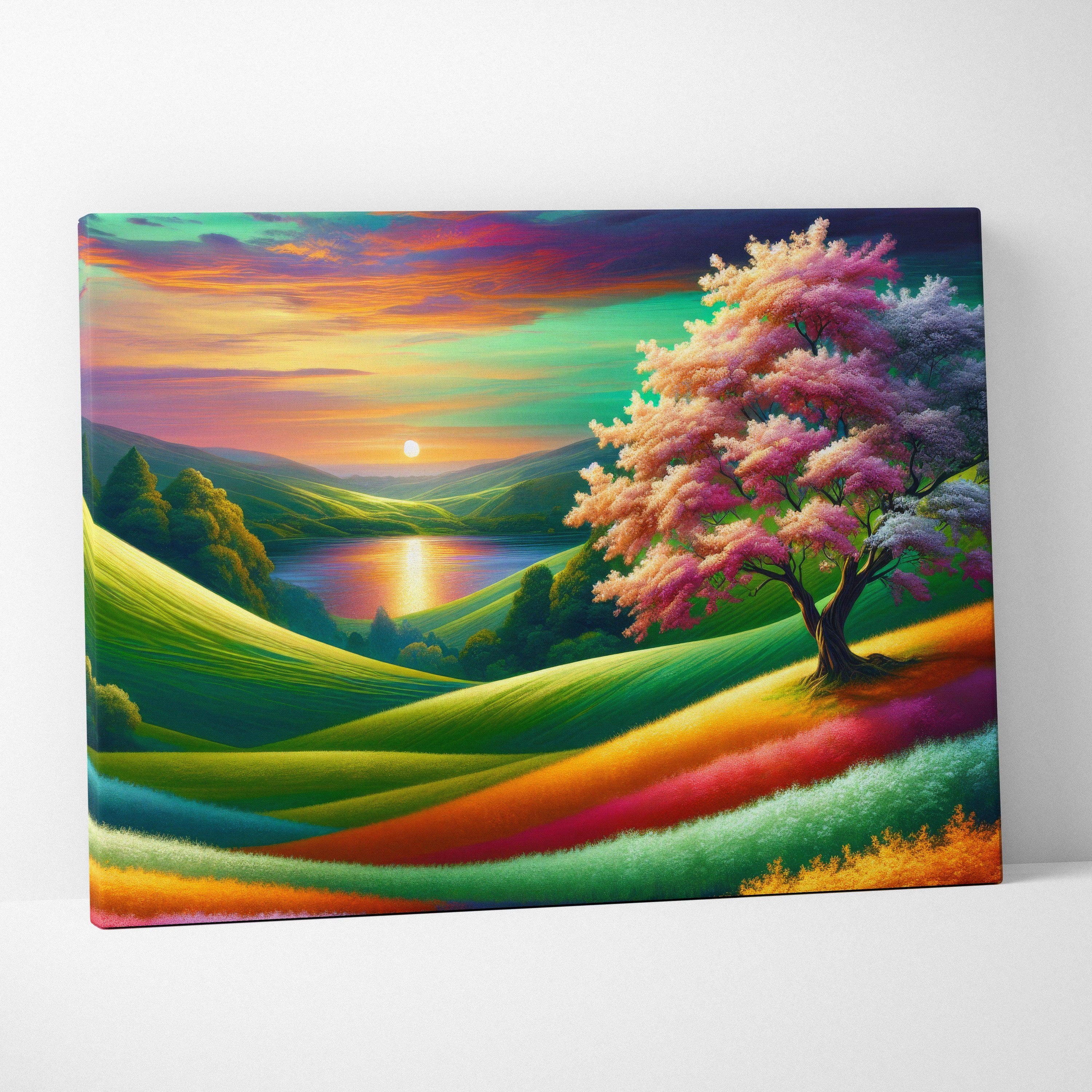 Solitary pink-purple blossom tree amid rainbow hills at sunset over calm lake canvas art
