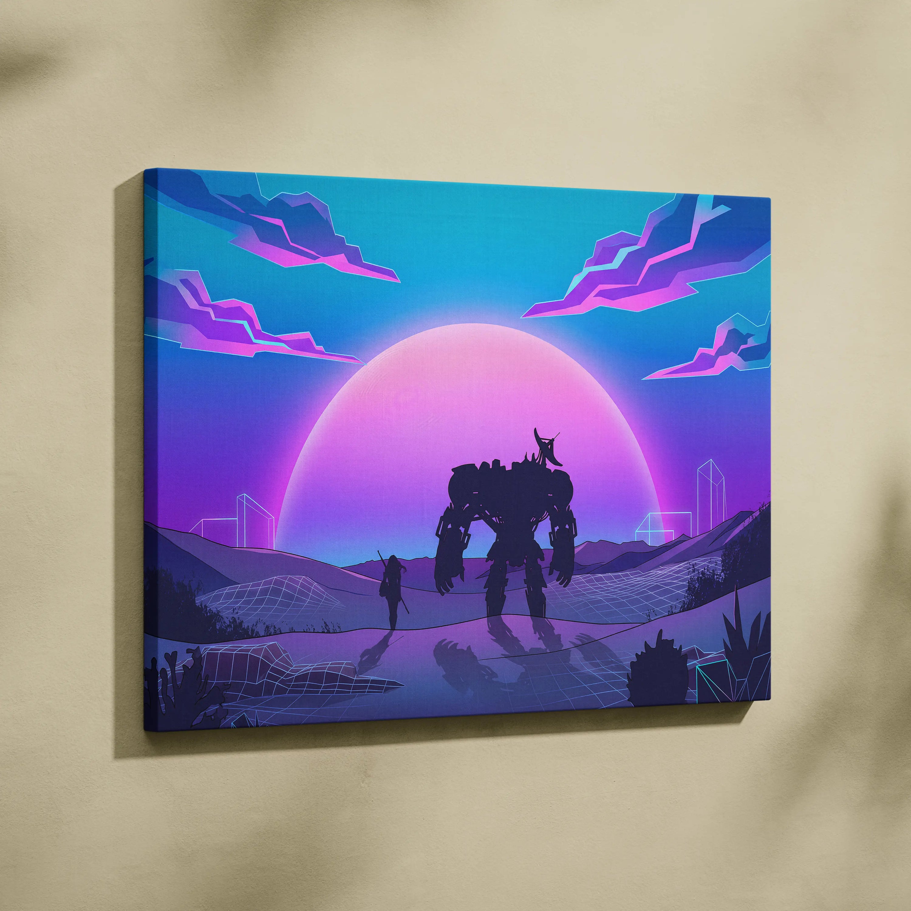 Neon Vaporwave Sunset Canvas - Vaporwave Landscape Neon Pink Living Room Futurism Dreamy Nostalgic Modern Decor Canvas