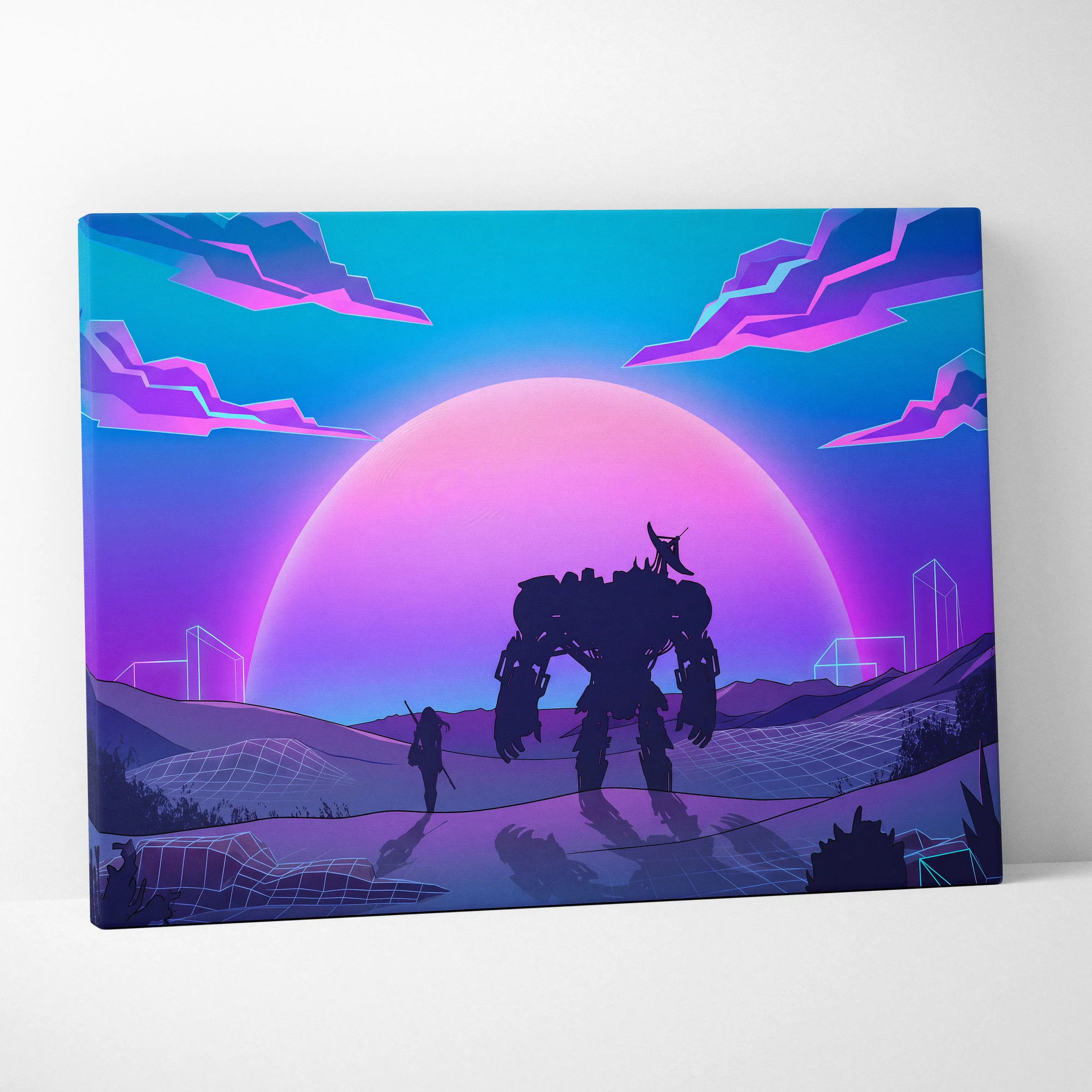 Neon Vaporwave Sunset Canvas - Vaporwave Landscape Neon Pink Living Room Futurism Dreamy Nostalgic Modern Decor Canvas