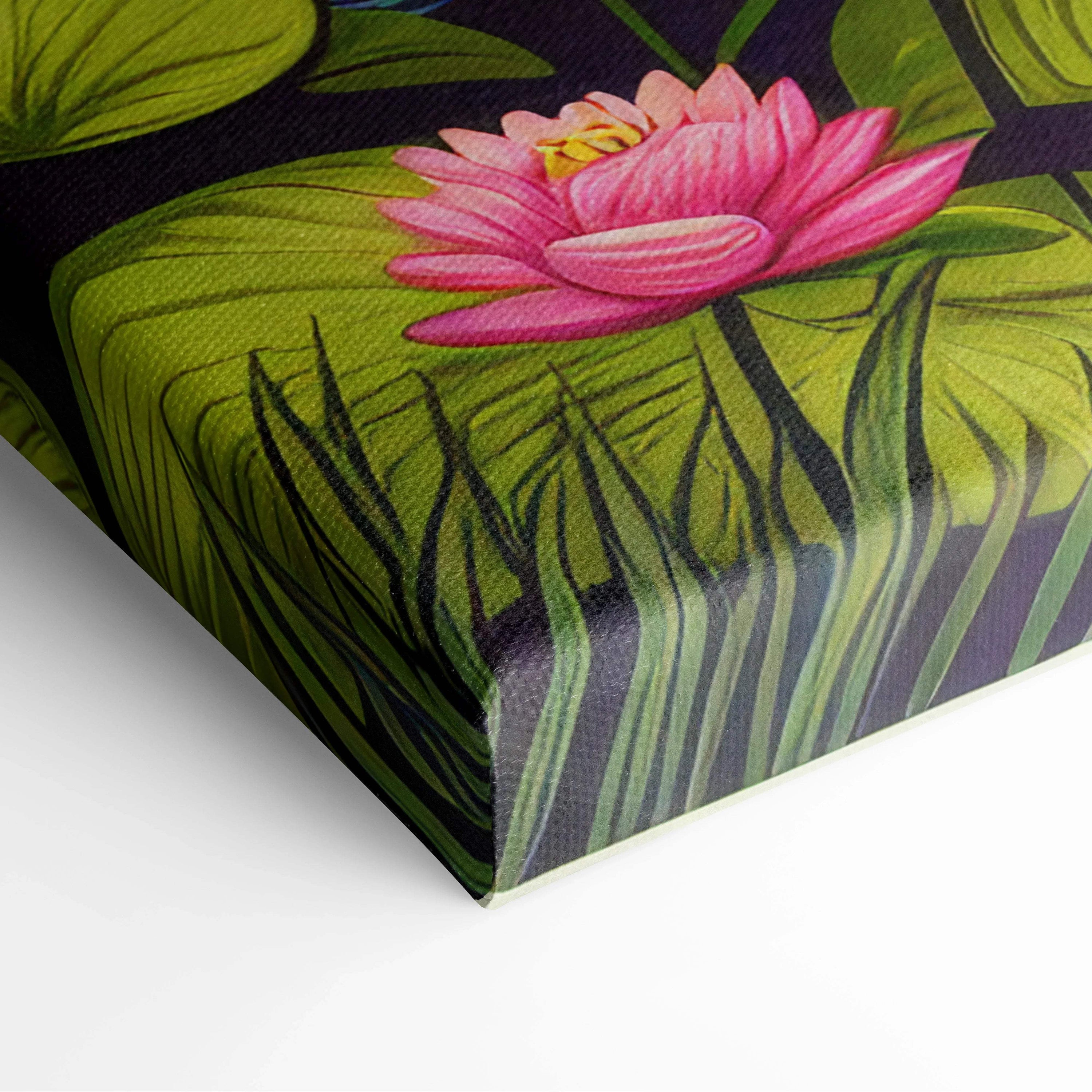 Vibrant pink water lily on green lily pads with arched bridge reflection canvas art