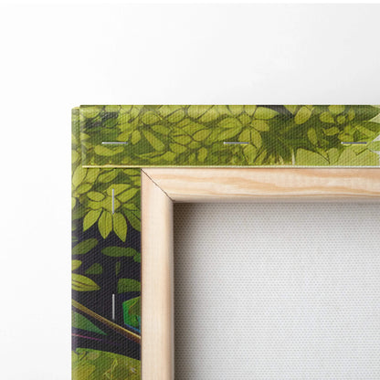 Tranquil garden pond with lotus arched bridge canvas in light wood frame