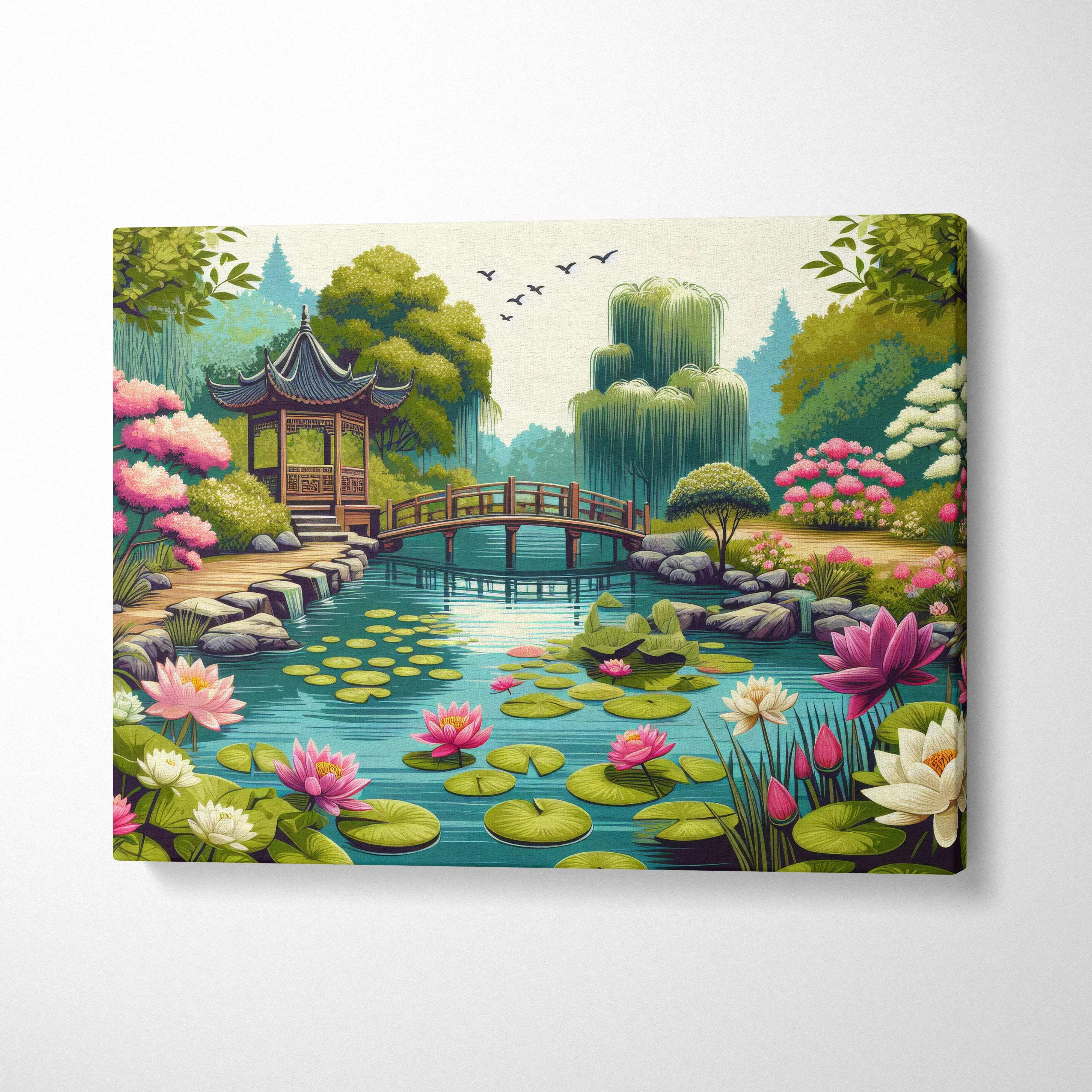 Tranquil Japanese garden pond with lotus, lilies, arched bridge, pavilion canvas art
