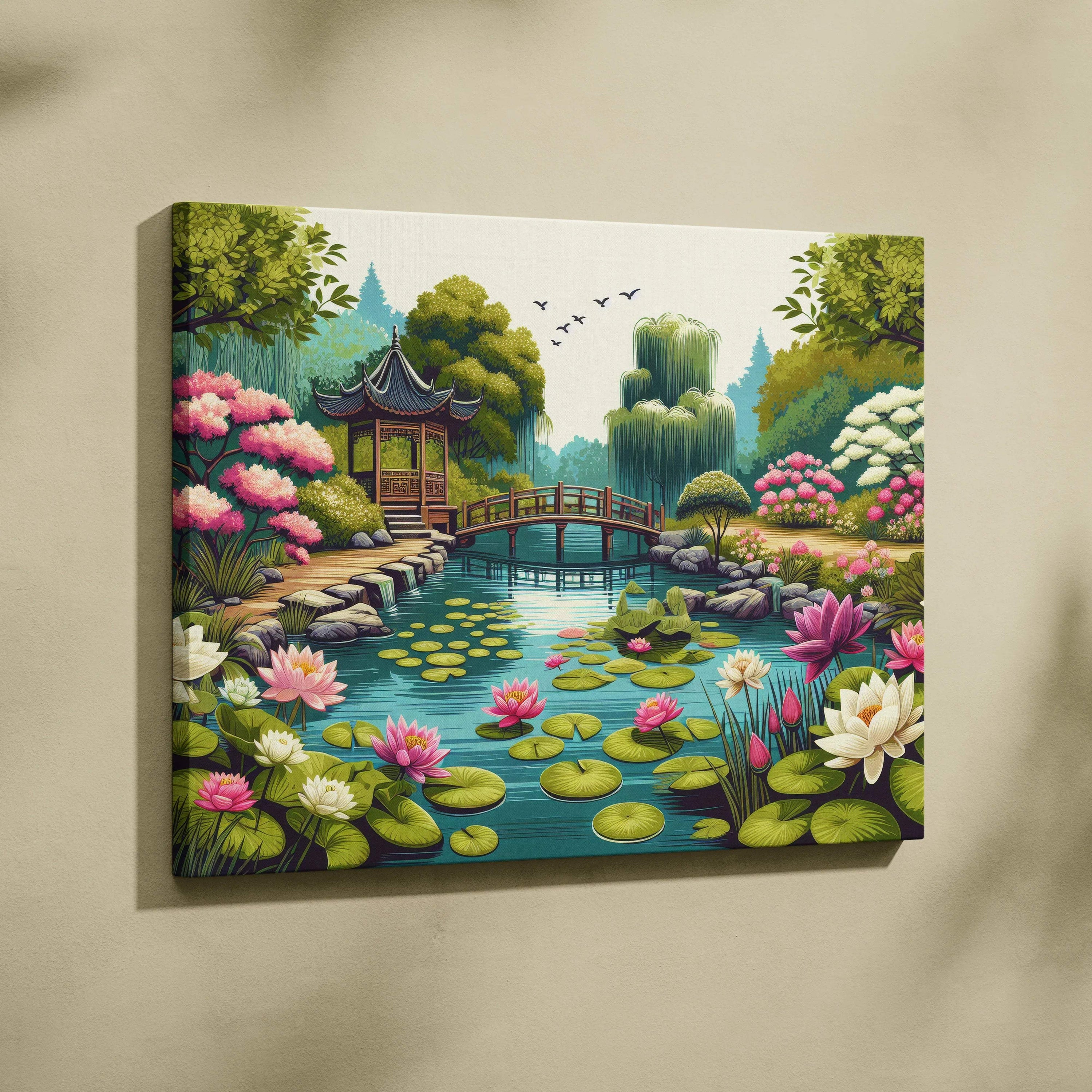 Tranquil Japanese garden canvas art with lotus lilies arched bridge pavilion in calm water