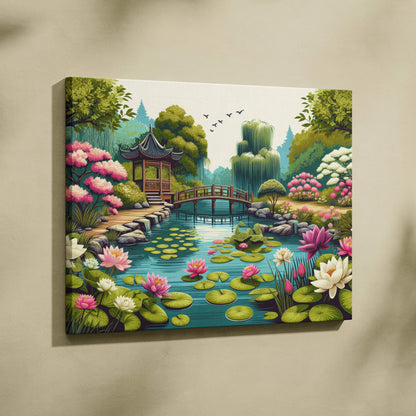 Tranquil Japanese garden canvas art with lotus lilies arched bridge pavilion in calm water