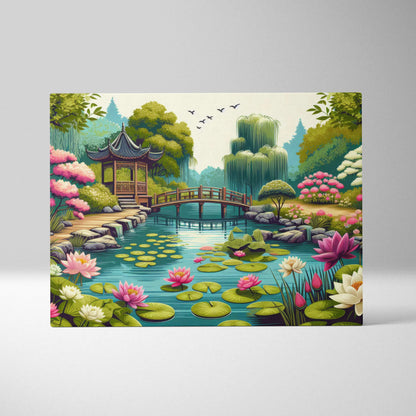 Tranquil garden pond with lotus lilies arched bridge pavilion canvas art
