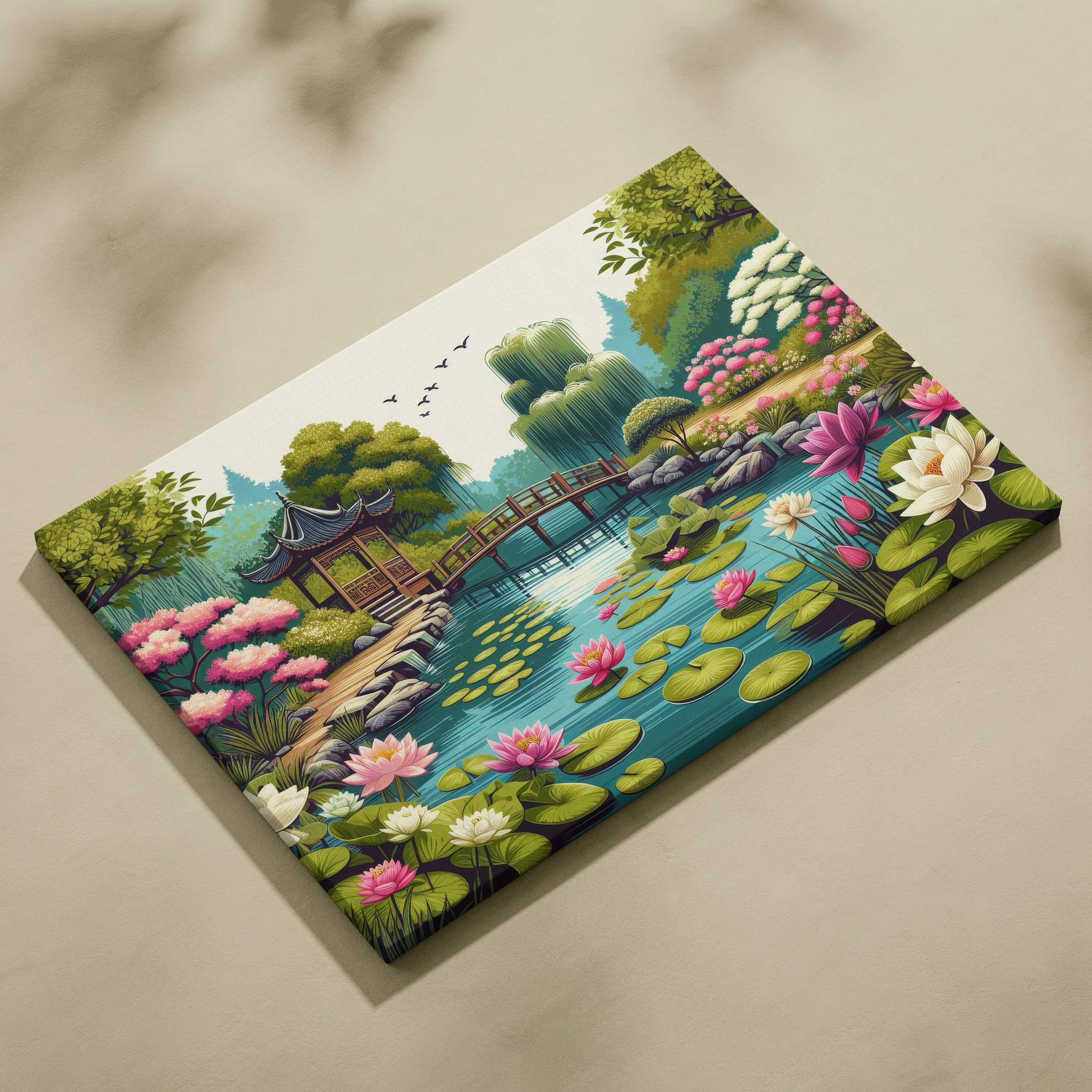 Tranquil garden pond canvas art with lotus lilies arched bridge pavilion reflection