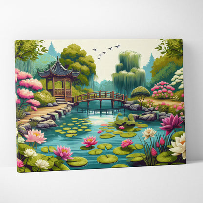 Tranquil garden pond canvas art with lotus lilies arched bridge pavilion