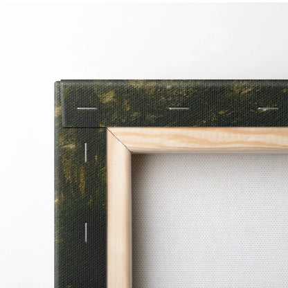Back of rustic wooden frame with dark green textured canvas border for Whimsical Storybook Cottage wall art