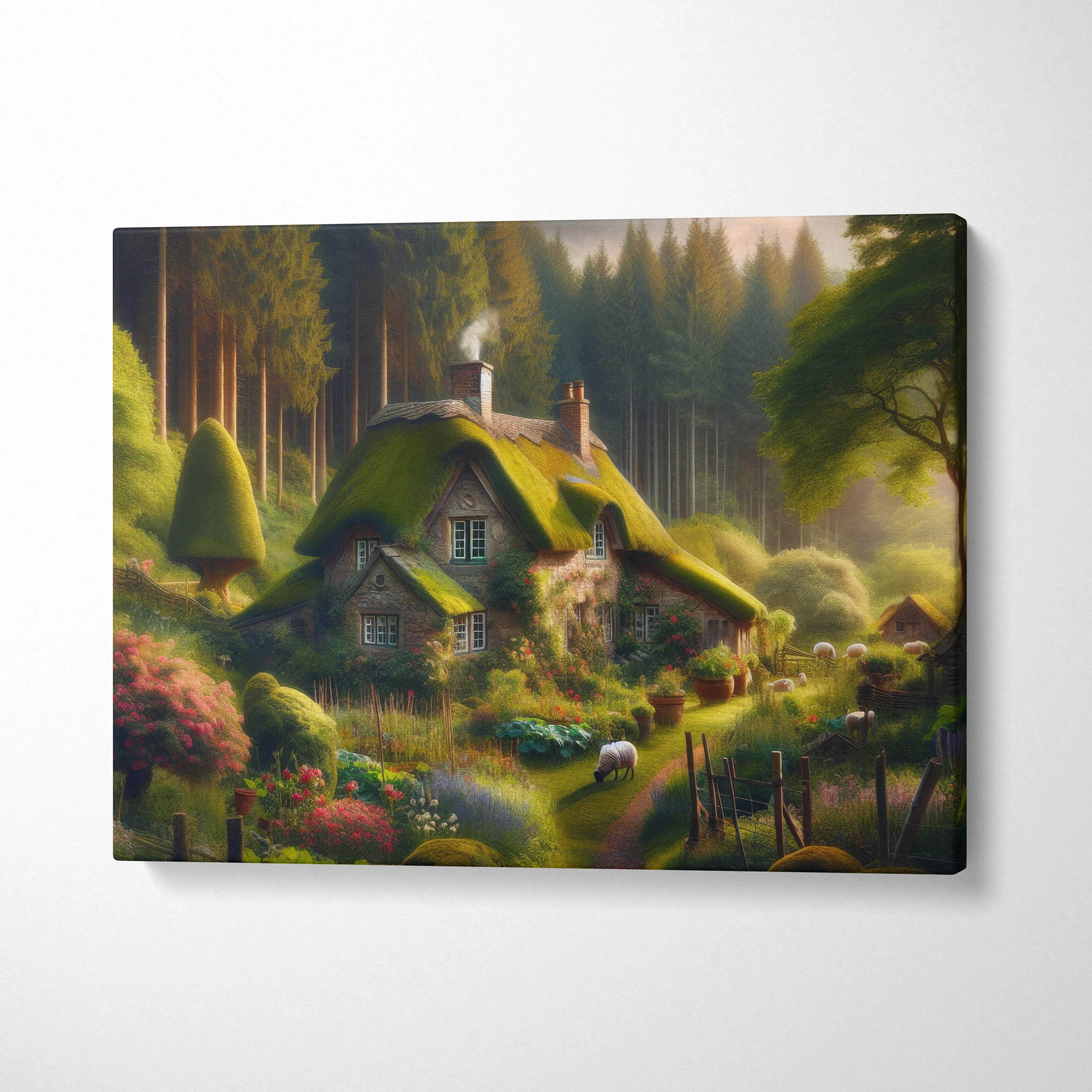 Whimsical mossy roof storybook cottage with sheep in glowing forest canvas art