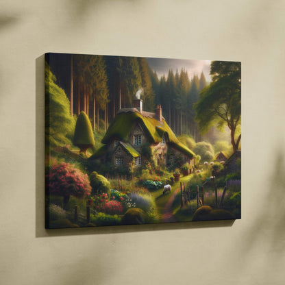 Whimsical mossy roof cottage with sheep in glowing forest garden art