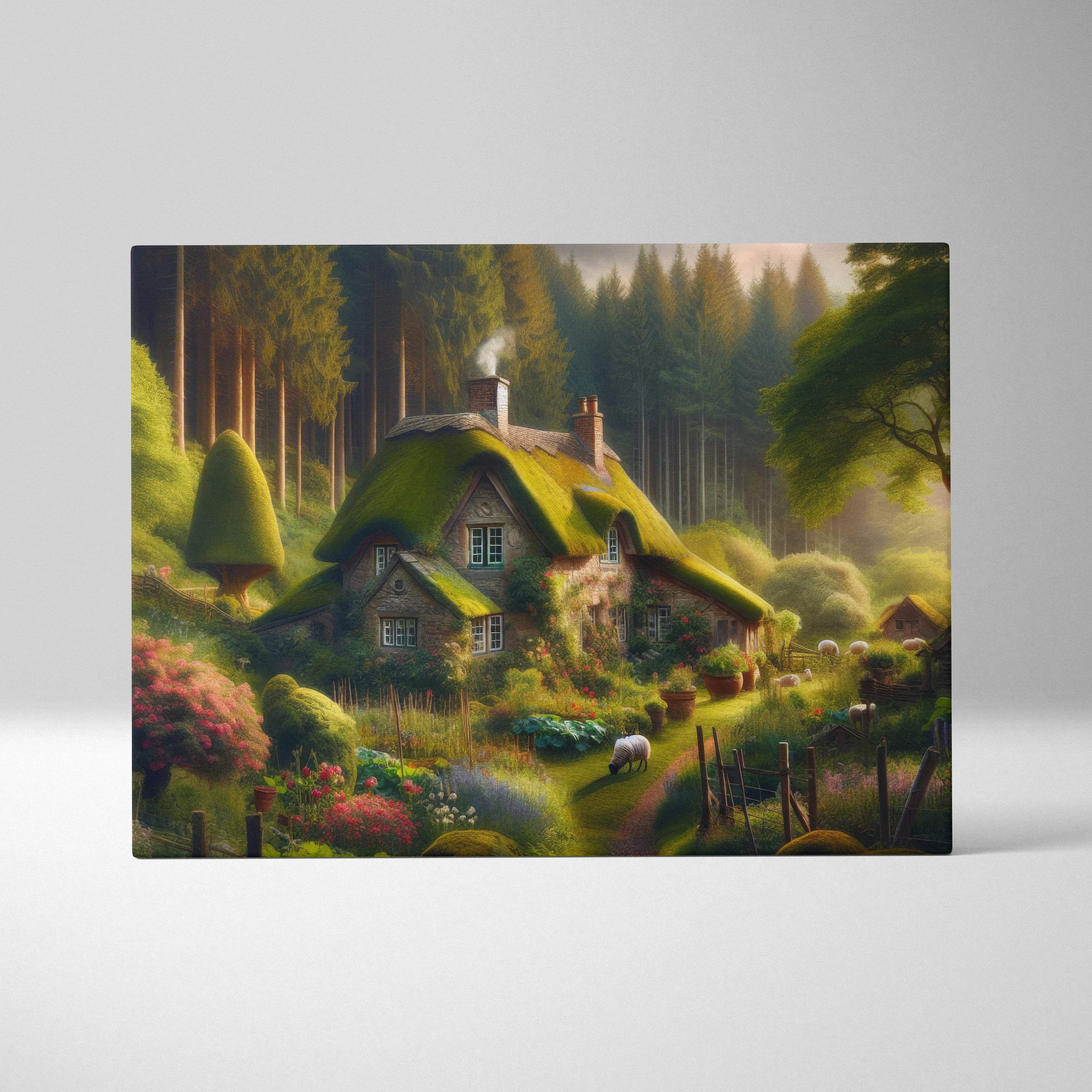 Whimsical storybook cottage with mossy thatched roof in glowing forest garden