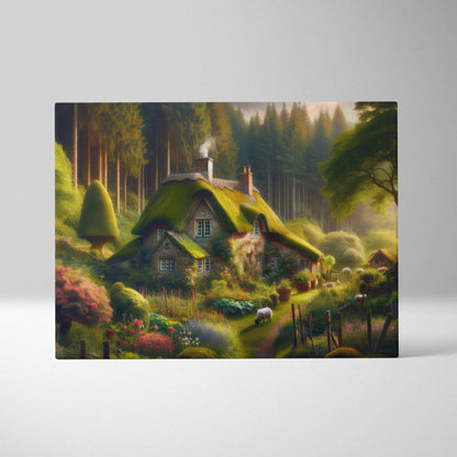 Whimsical storybook cottage with mossy thatched roof in glowing forest garden