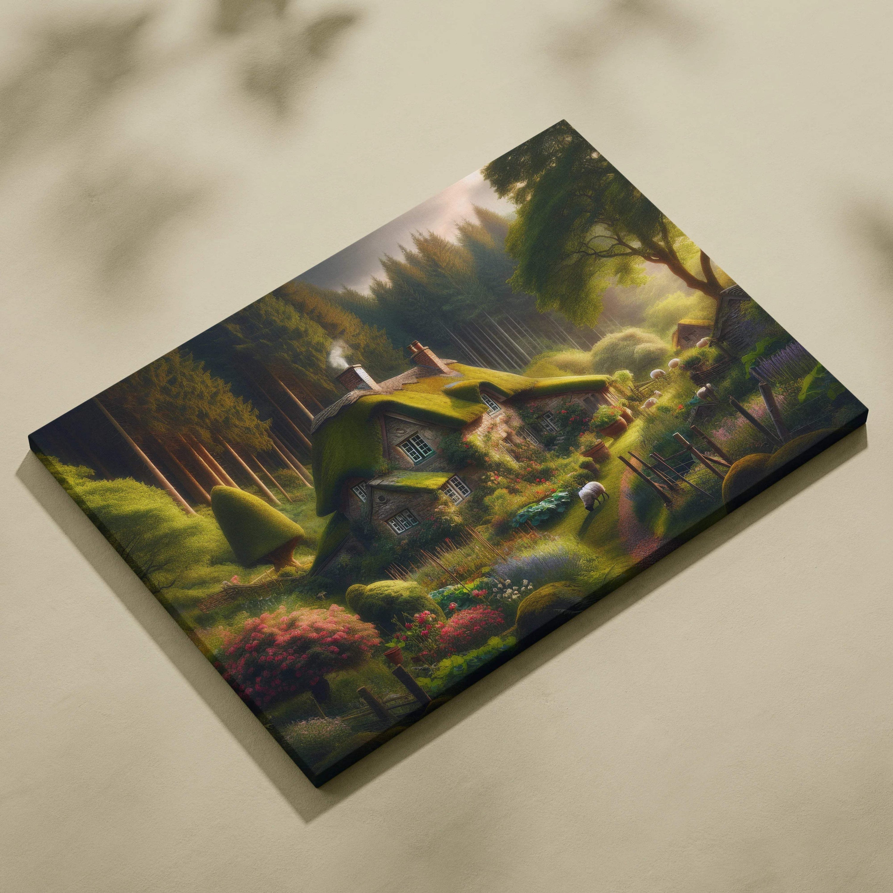 Whimsical mossy roof cottage with sheep in glowing forest garden canvas art
