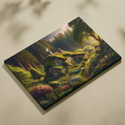 Whimsical mossy roof cottage with sheep in glowing forest garden canvas art