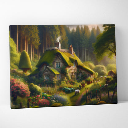Whimsical storybook cottage with mossy roof in glowing forest garden canvas art