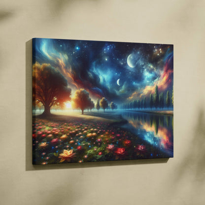 Visionary Landscape canvas wall art: dreamlike meadow by calm river under cosmic sky with glowing flowers, moons and stars