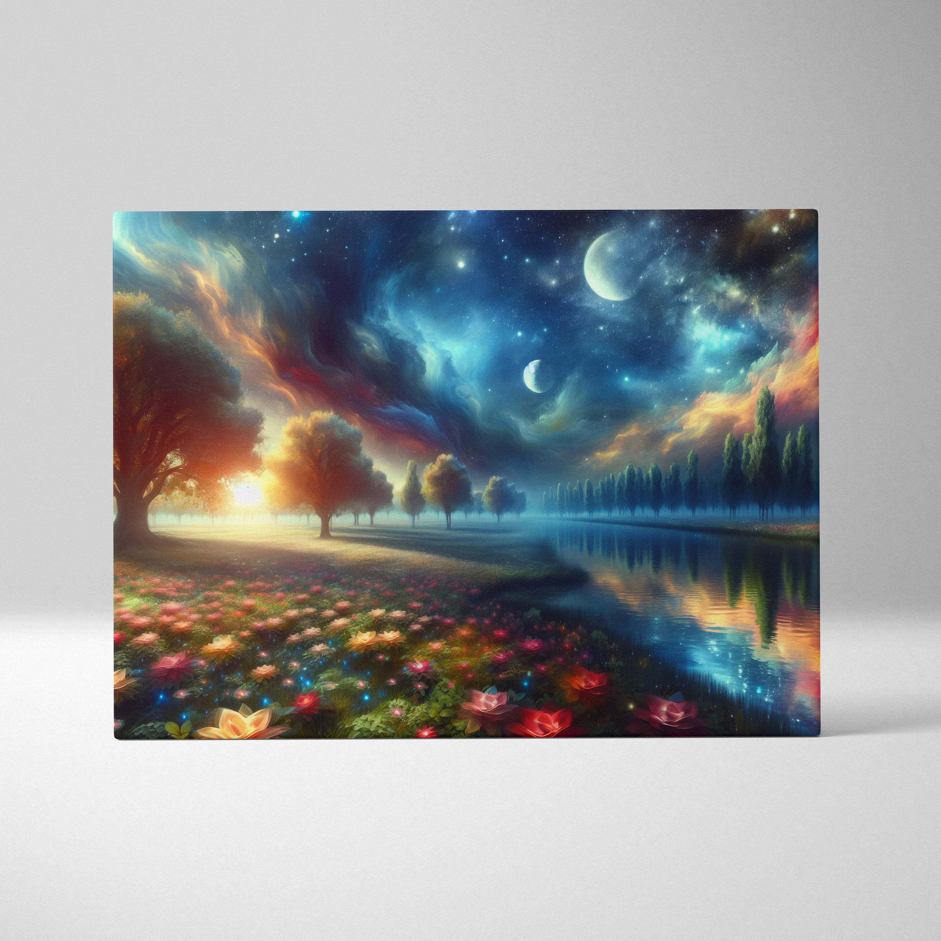 Visionary Landscape canvas wall art with dreamlike meadow, calm river, cosmic sky, moons and stars