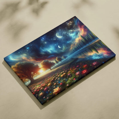 Visionary landscape canvas print of dreamlike meadow by calm river under cosmic starry sky