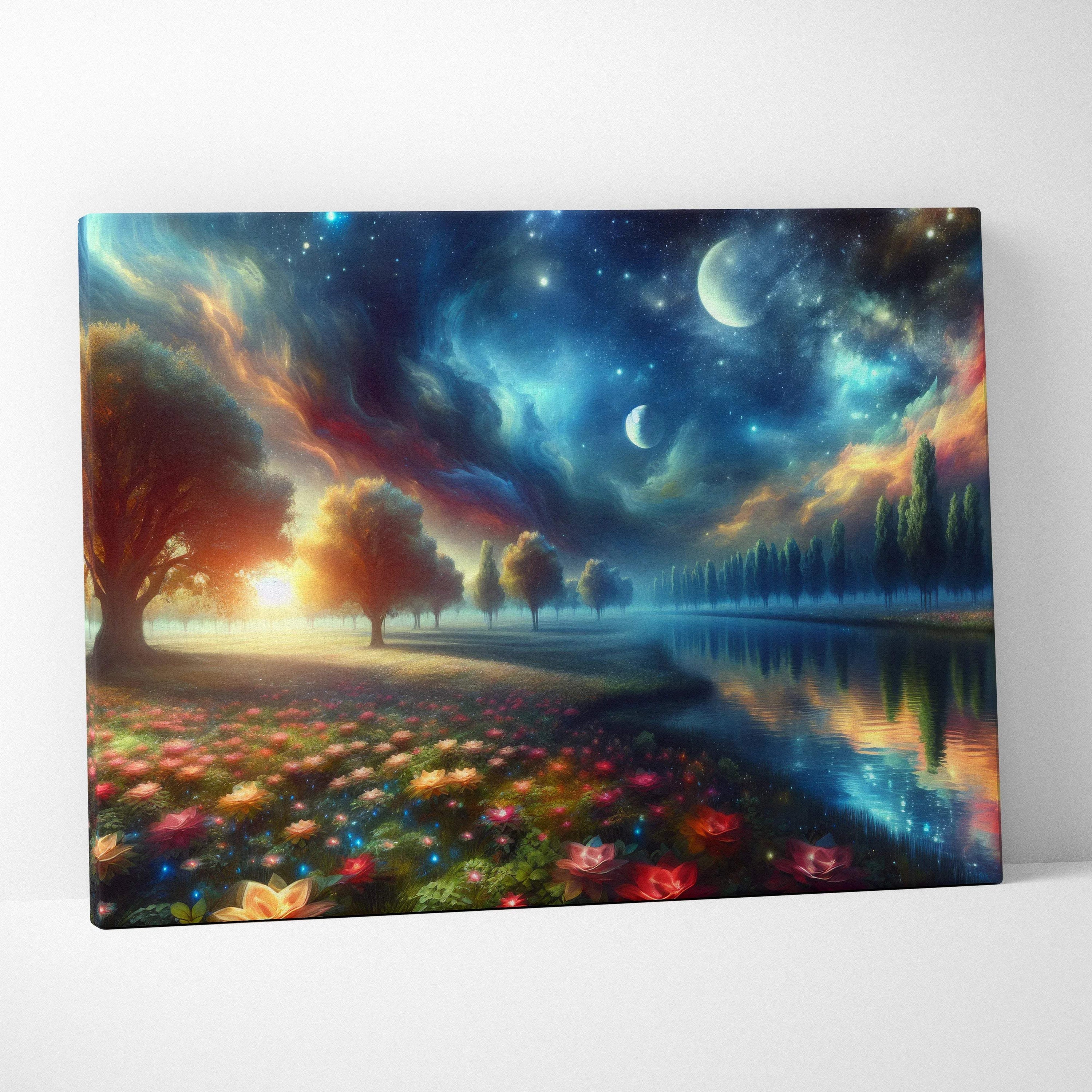 Visionary Landscape canvas wall art with dreamlike meadow, calm river, cosmic sky, moons and stars