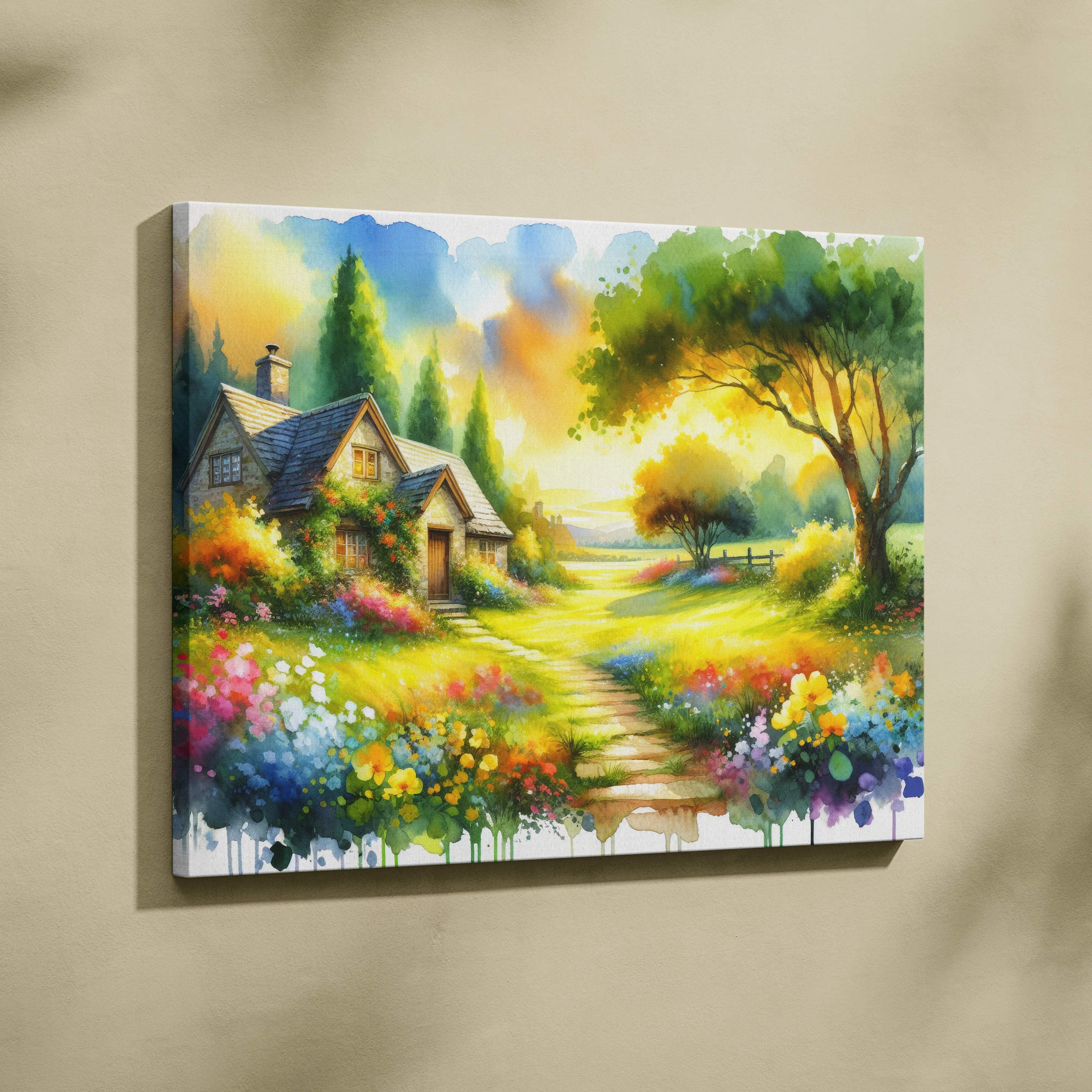 Sunlit watercolor cottage with blooming gardens and golden pathways canvas art