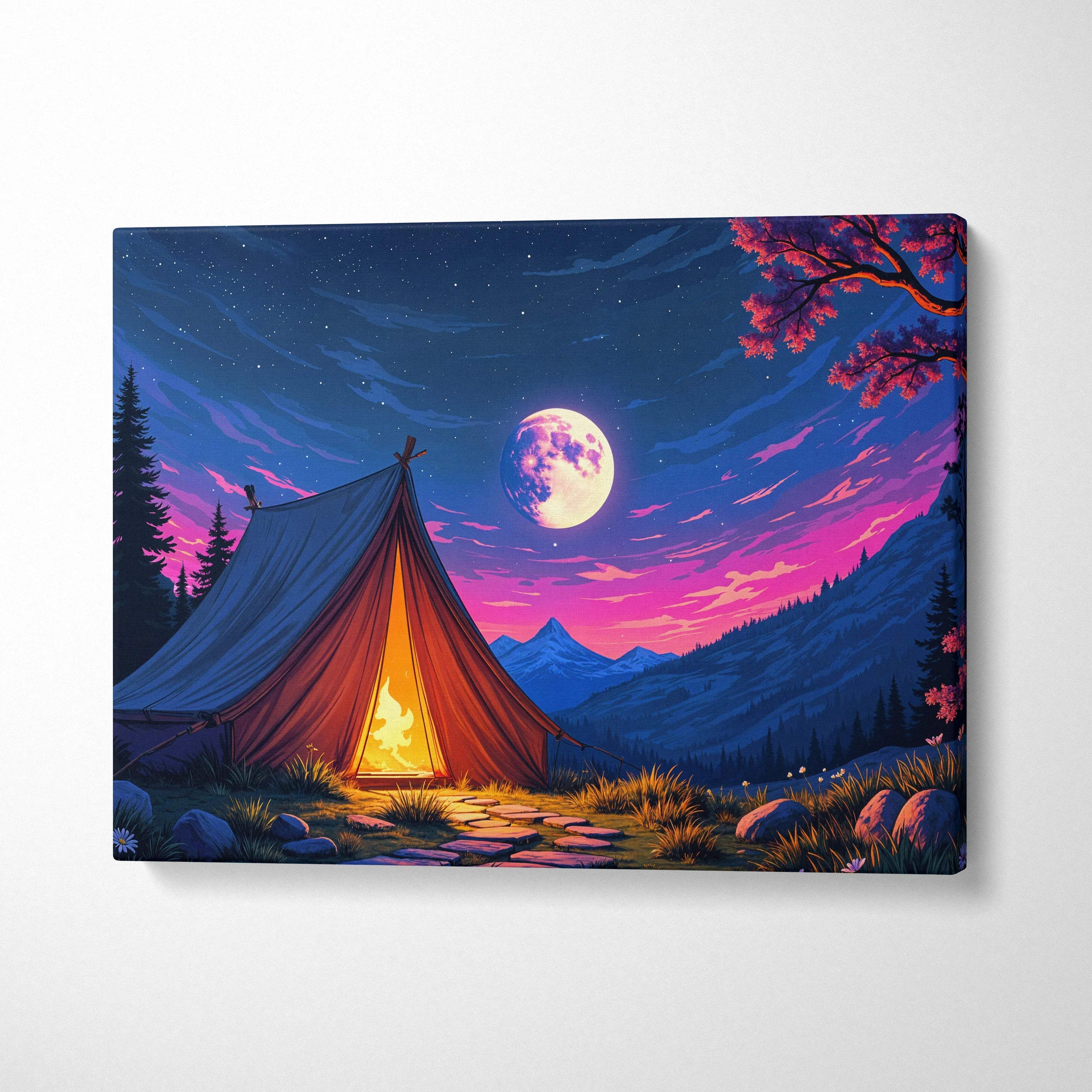 Moonlit camping tent with glowing campfire under starry purple twilight sky canvas art