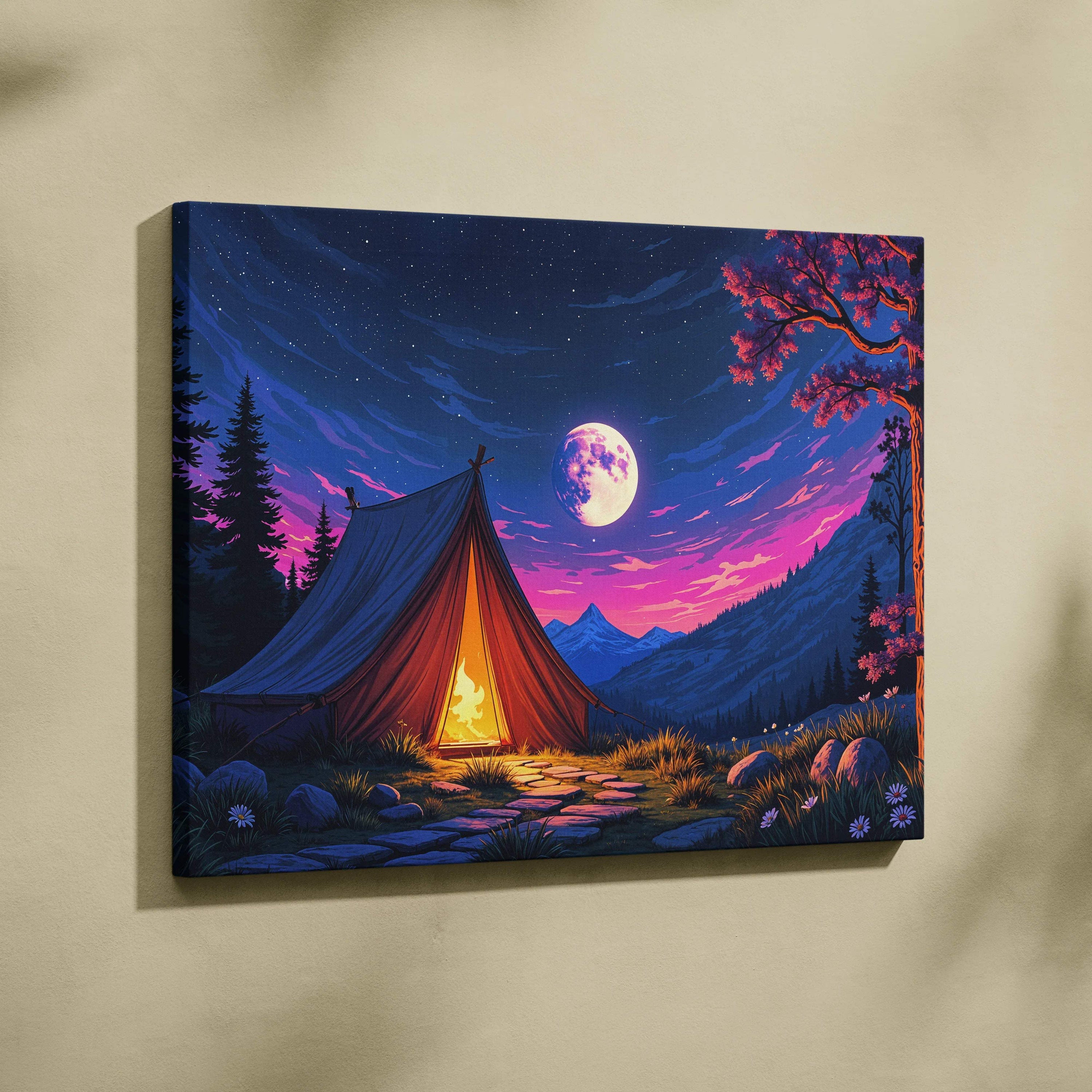 Moonlit camping tent with glowing campfire under starry full moon sky canvas art