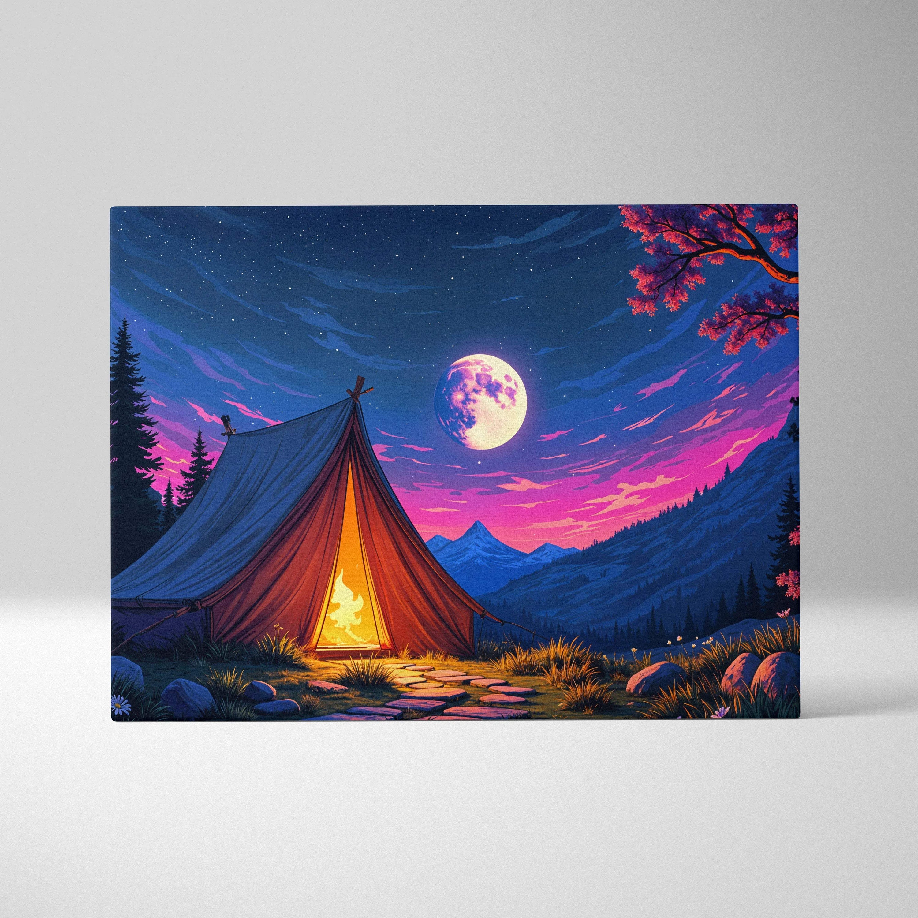 Moonlit camping tent with glowing campfire under colorful twilight sky canvas art
