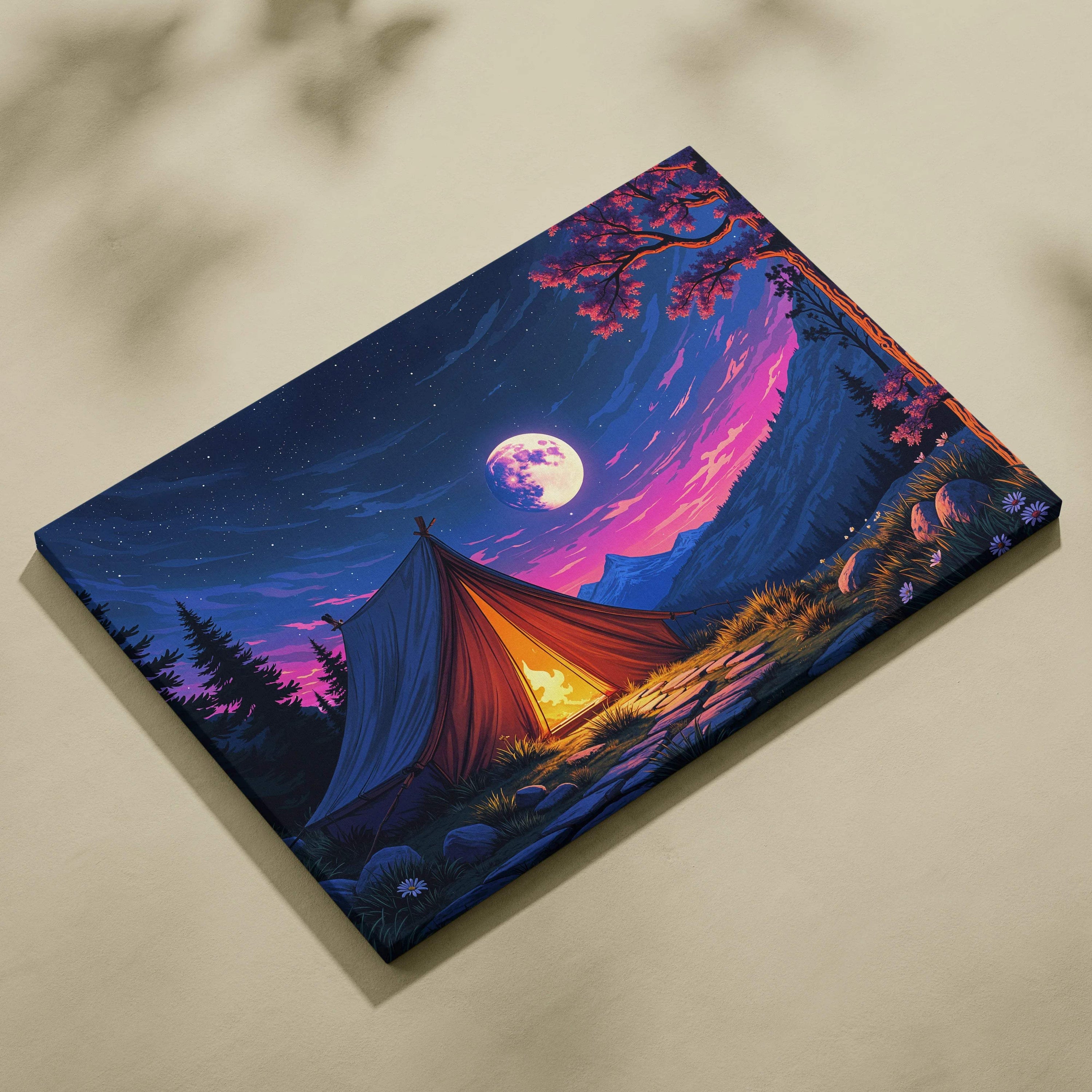 Moonlit camping tent glowing under full moon, colorful twilight sky, mountains, cherry blossoms canvas art