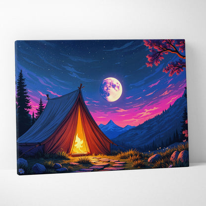 Moonlit orange tent glowing under full moon in pink purple twilight sky canvas art