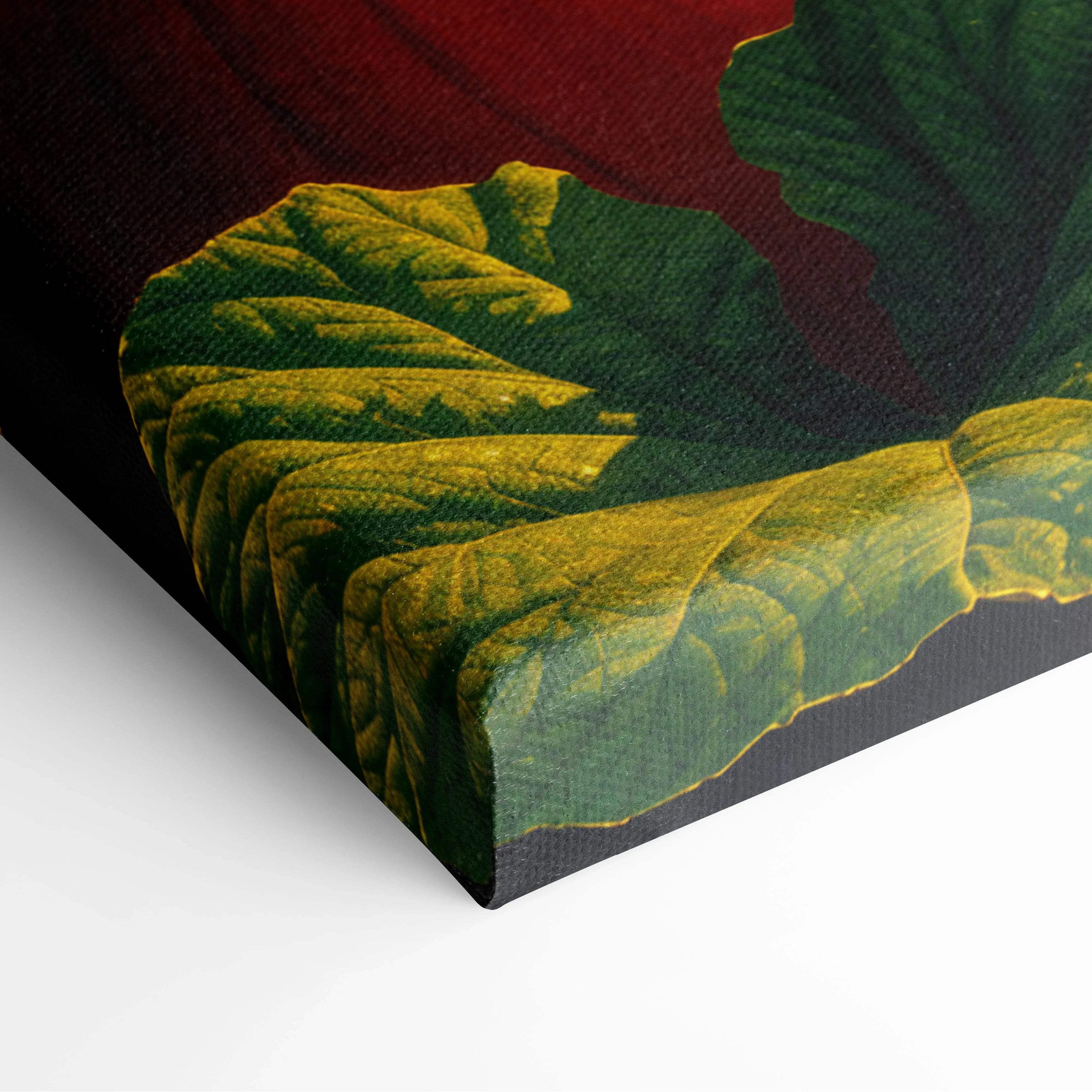 Sunlit pumpkin fields canvas print with vibrant green leaves and red accents