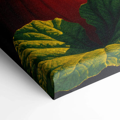 Sunlit pumpkin fields canvas print with vibrant green leaves and red accents