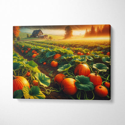 Sunlit orange pumpkin fields toward quiet autumn farmhouse mist canvas art