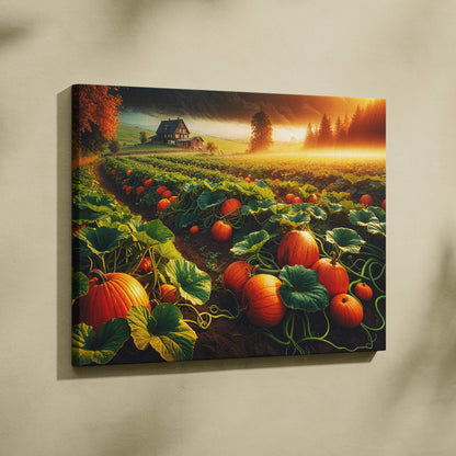 Sunlit pumpkin fields toward quiet farmhouse in autumn mist canvas art