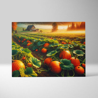 Vibrant orange pumpkin canvas print of sunlit fields toward quiet farmhouse in autumn mist