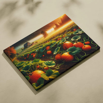 Sunlit orange pumpkin field canvas print with farmhouse in autumn mist