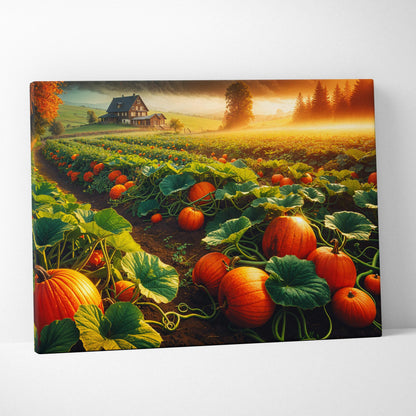 Sunlit pumpkin fields toward quiet farmhouse autumn mist canvas art