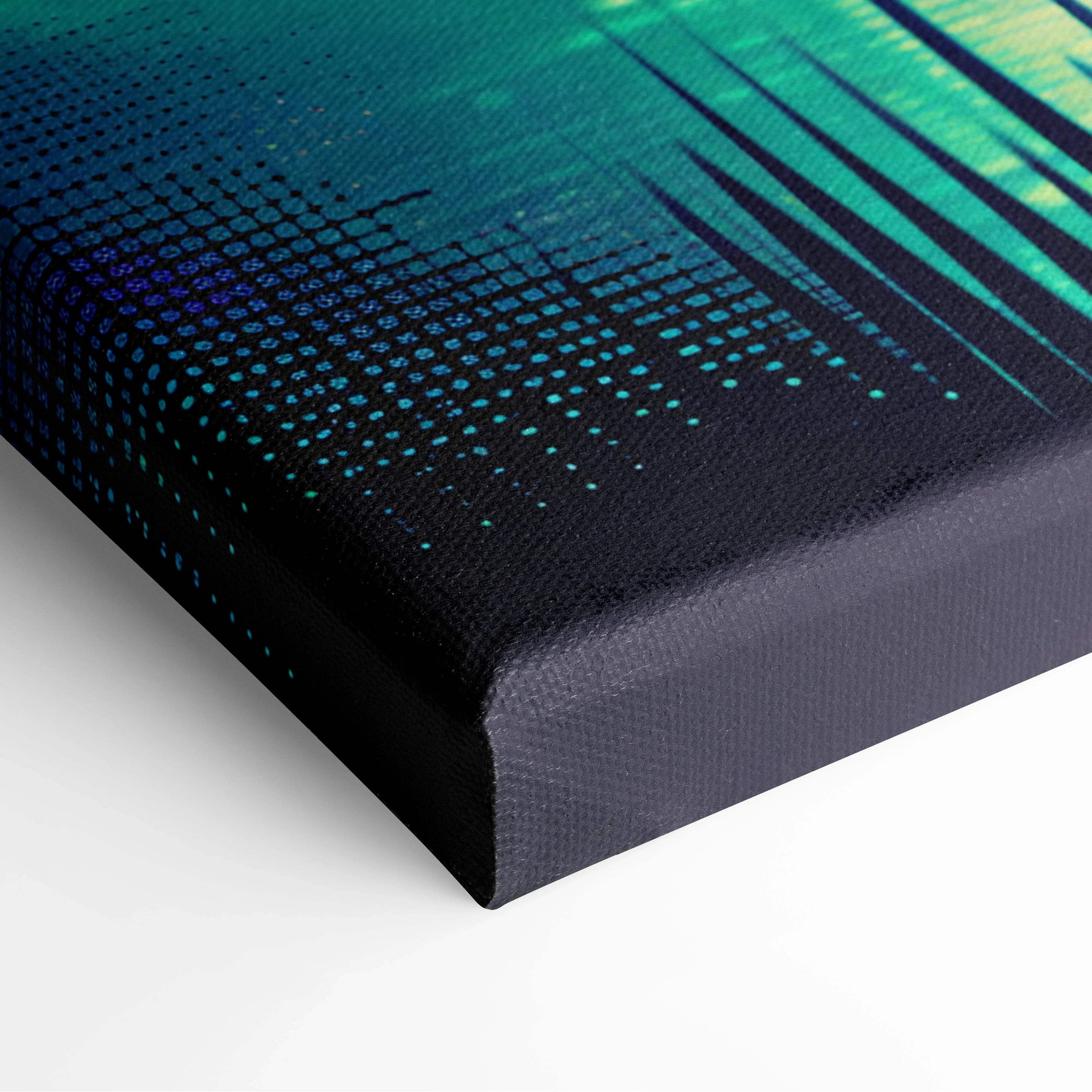 Neon Noir Haunted Mansion canvas art with teal-green gradient, black lines, cyberpunk glow