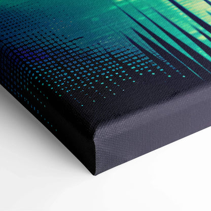 Neon Noir Haunted Mansion canvas art with teal-green gradient, black lines, cyberpunk glow