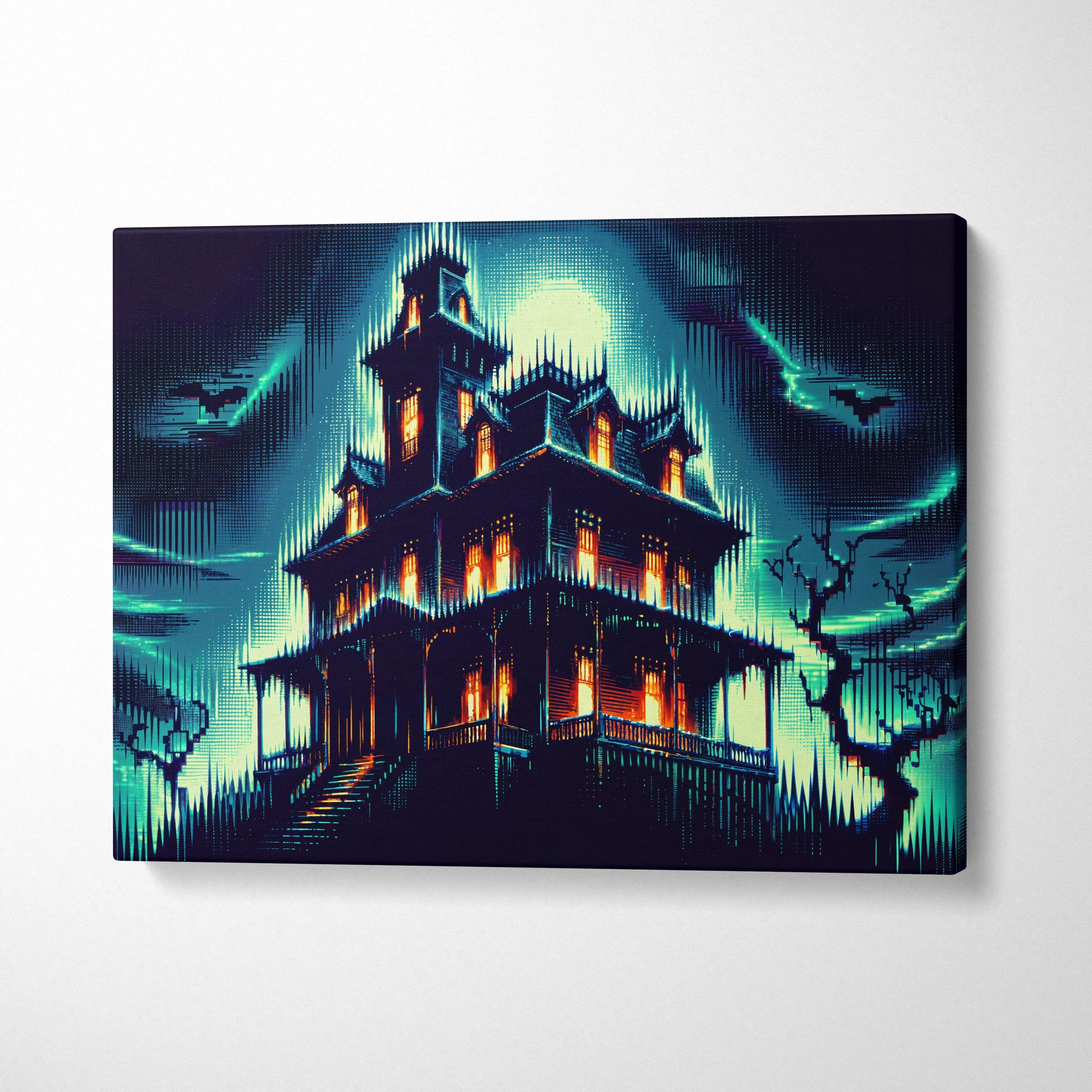 Neon Noir Haunted Mansion canvas art with cyberpunk glow, orange windows, bats