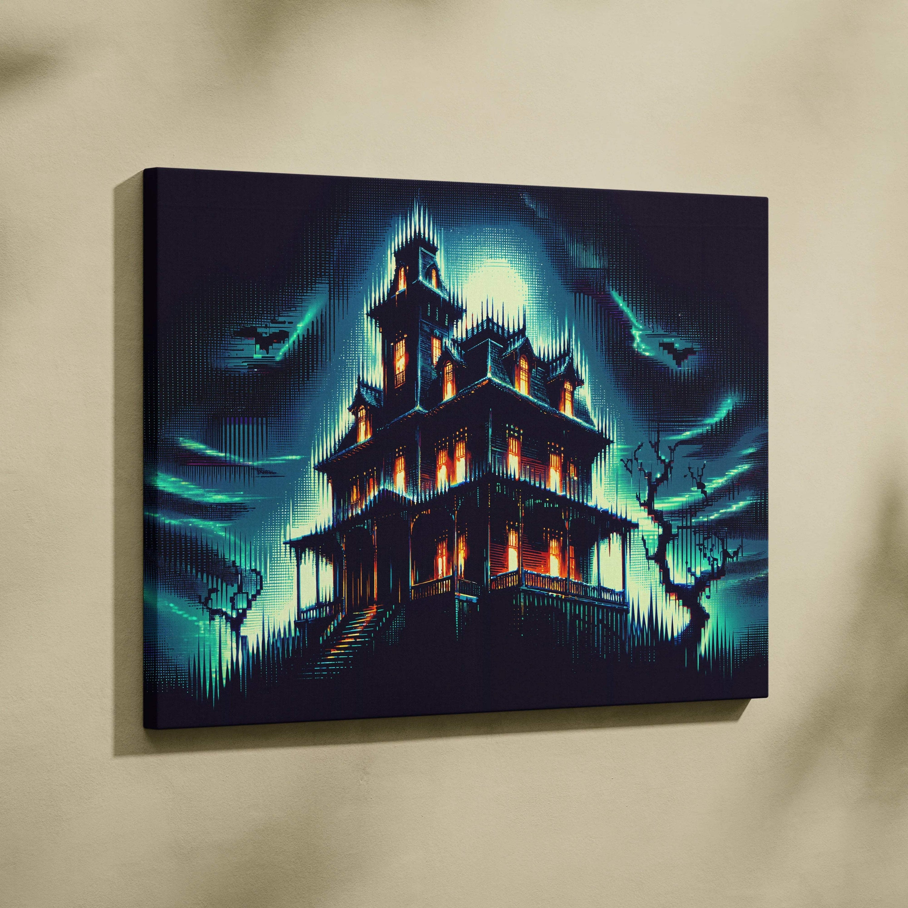 Neon Noir Haunted Mansion canvas print with cyberpunk glow and orange windows