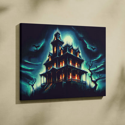 Neon Noir Haunted Mansion canvas print with cyberpunk glow and orange windows