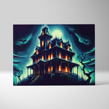 Neon Noir Haunted Mansion canvas wall art with cyberpunk glow