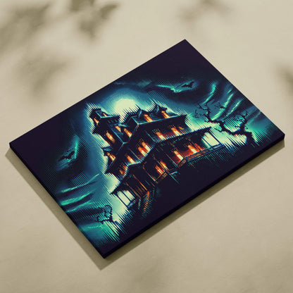 Neon Noir Haunted Mansion canvas art with cyberpunk glow and orange windows