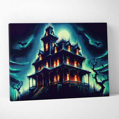 Neon Noir Haunted Mansion canvas print with cyberpunk glow