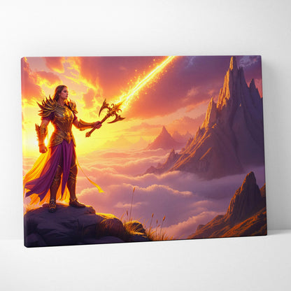Visionary warrior with blazing golden blade in sunrise light canvas art